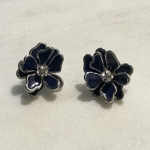 Blue Enamel Pansy Floral Earrings With Rhinestone Center Cluster